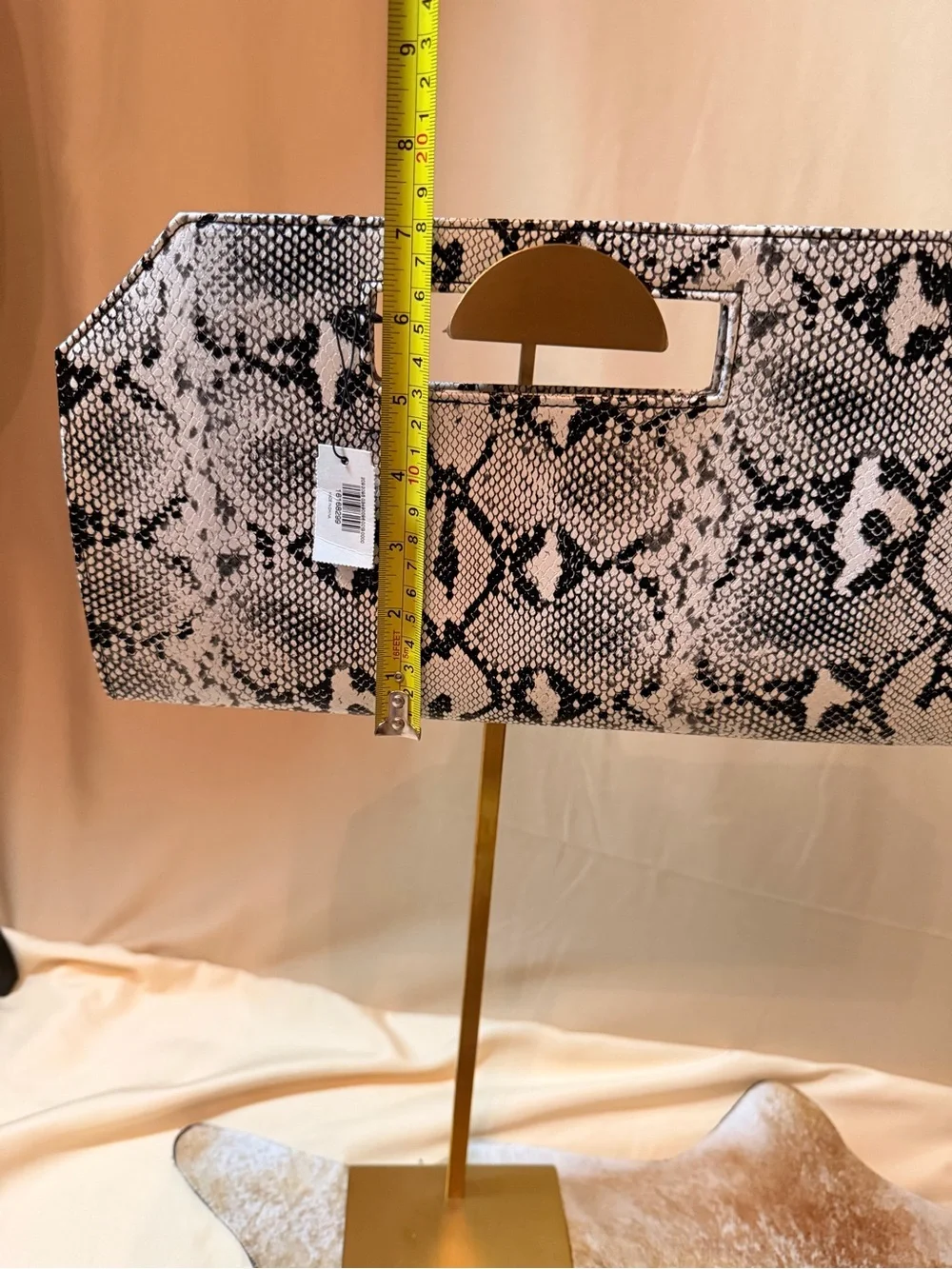 Textured Snake-Print Cutout Handle Clutch - Black & White